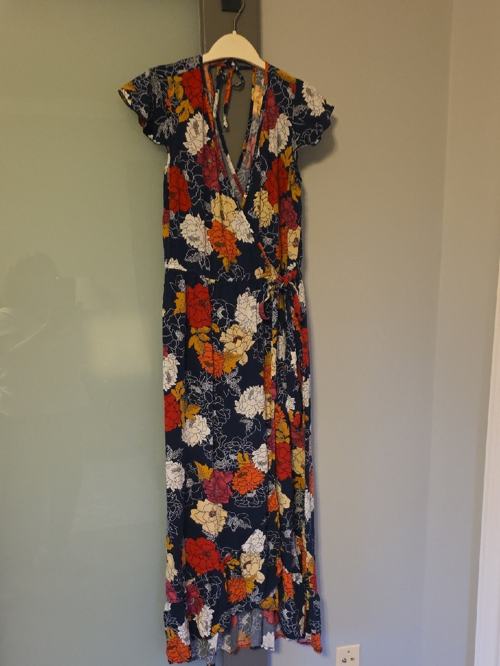Size M Navy Floral Wrap Maxi Dress with Red, Orange & Cream Blooms